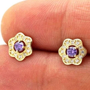 14k Yellow Gold 0.50Ct CZ & Amethyst Flower Cluster Stud Earrings - Picture 1 of 5