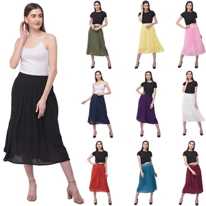 Women Ladies Skirt Rayon Gauze Summer Midi Skirt Elastic High Waist Solid Skirts - Picture 1 of 106
