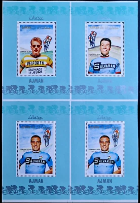 Hoja de 4 estampillas deportivas de ciclismo Ajman 1969 a prueba de cortes Emiratos Árabes Unidos Foto 1 de 4