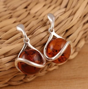 Cognac Baltic Amber 925 Sterling Silver Dangle Drop Earrings Gift Boxed - Picture 1 of 7