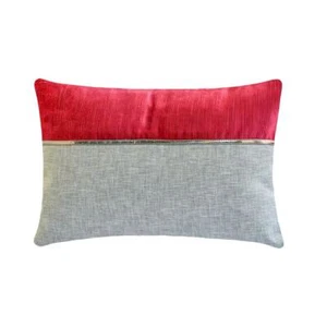 Luxury Red & Grey Linen Lumbar Pillow Cover Patchwork - Berry Bliss Red - Picture 1 of 4