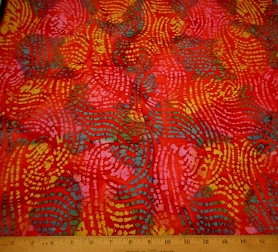 Batik Fabric By The Half-Yard Blue Pink Yellow/Gold Swirls Dk Orange Cotton 69 C - Image 1 of 2