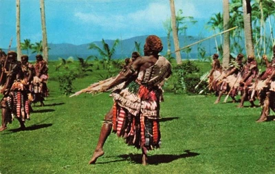 Suva Fiji, Men Performing Spear Dance, Traditional War Attire, Vintage Postcard - Image 1 of 2