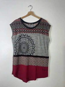 Desigual Grey Red Patterned Jersey Top - Sz Small S - Relaxed - Picture 1 of 6