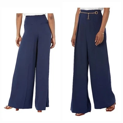 RALPH LAUREN Women's PLUS 20W Pleated Georgette Belted Wide-Leg Pants Navy $195 - Image 1 of 4