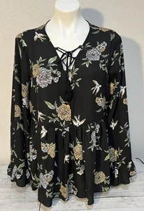 Signature Studio Long Bell Sleeve V Neck Babydoll Top Women's Sz XL Birds Floral - Picture 1 of 14