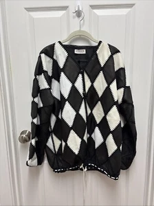 Chaqueta de ganchillo vintage hecha a mano arlequín de cuero blanco y negro - Imagen 1 de 12