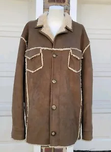 Vintage 90s GUESS Brown Suede Sherpa Faux Fur Trucker Jacket Coat Women XXL - Picture 1 of 20