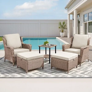 5Pieces Outdoor Patio Furniture Set Rattan Wicker Conversation Sofa w/ Ottoman - Picture 1 of 9