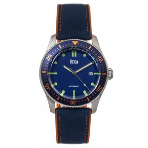 Reign Elijah Automatic Rubber Inlaid Leather-Band Watch W/Date - Blue/Orange - Picture 1 of 5
