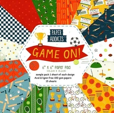 GAME ON Paper Addicts 6 x 6 Sample Paper Pack 15 Sheets Sport themes 100 gsm