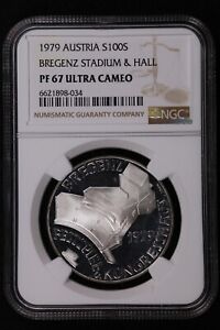 1979 AUSTRIA BREGENZ Stadium + Hall Silver 100 Schilling Coin - NGC PF 67 UC