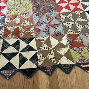 Antique Quilt Scrappy Half Square Triangles Sawtooth Binding Hand Stitched 70x76 - Picture 1 of 20