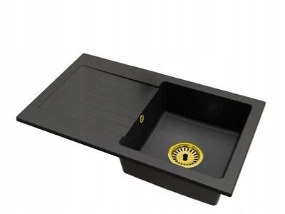 Einbauspüle BRADO Leon in Schwarz – Granitspüle + goldener Siphon