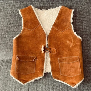 🤠 Kids Vintage 70’s Genuine Leather Reversible Sherpa Vest w Pockets Size L - Picture 1 of 5