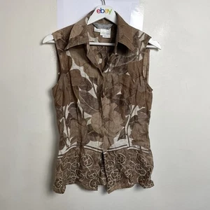 MaxMara Pure Linen Sleeveless Brown Floral Blouse AUS 10 Summer Top Italy - Picture 1 of 9
