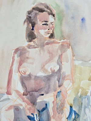 Original Watercolor Painting Nude Woman Seated Artist Signed Erik Siu OOAK - Image 1 of 4