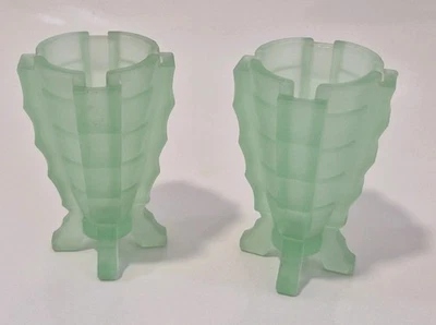 Pair Vintage Bagley & Co Art Deco Uranium Green Bamboo Vases 30's Frosted 4"  - image 1 of 4