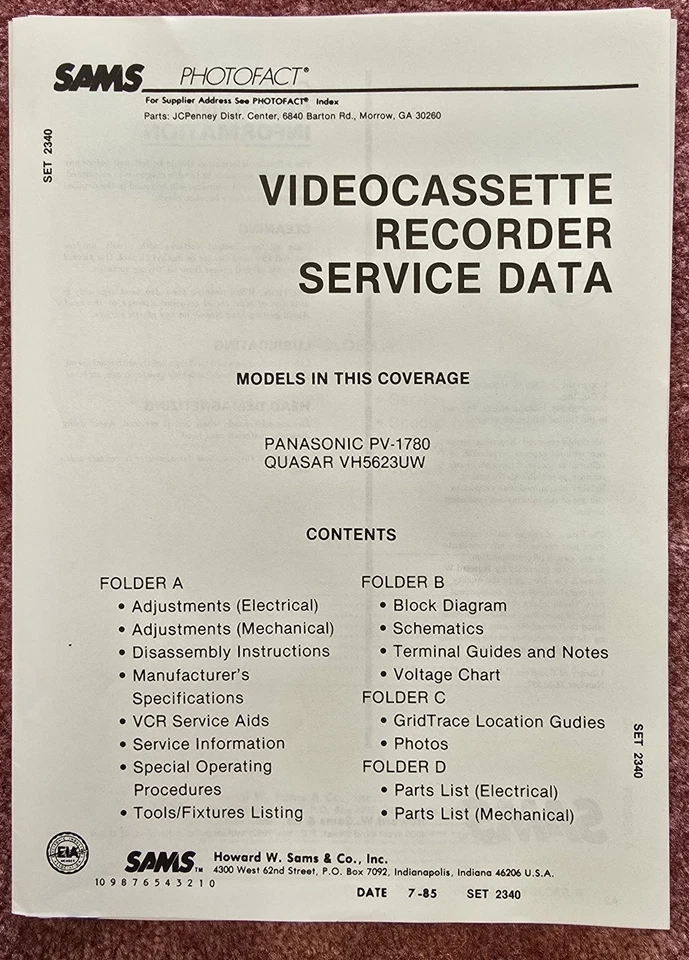 Carpeta completa de manuales de servicio de videograbadora Sams Photofact 2340 para Panasonic y Quasar Foto 1 de 1