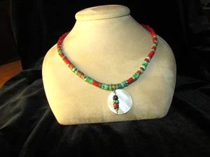 Handmade Turquoise Red Coral Toggle Clasp 20" Necklace White Shell Pendant - Picture 1 of 4