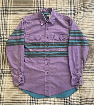 Camisa de rodeo vintage Wrangler Brushpopper Western Wear púrpura a rayas para hombre 16-34 Foto 1 de 4