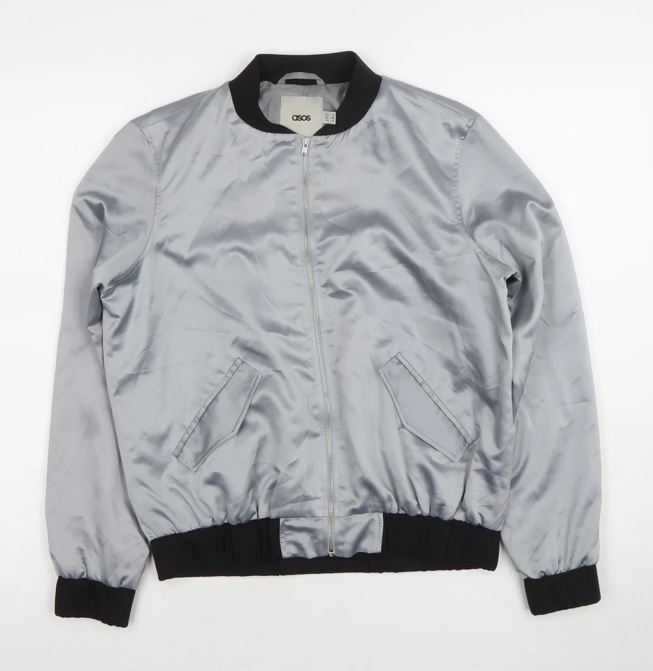 ASOS Womens Silver Bomber Jacket Size 8 Regular Fit Zip Satin - Image 1 of 4