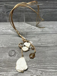 Unique Statement Necklace Large Stones Leather Cord 23” Boho Fashion Jewelry - Picture 1 of 8
