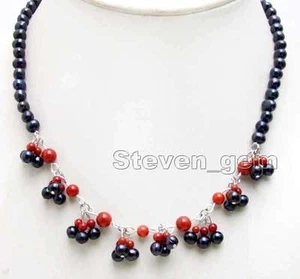 5-6mm Black Round Natural Pearl & 3-5mm Red Coral 8 pendants 17'' Necklace-6325 - Picture 1 of 4