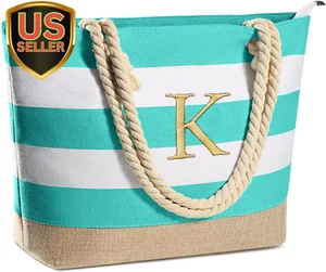 Initial Canvas Waterproof Beach Tote Bag Zipper Personalized Gifts for Women Her - Picture 1 of 7