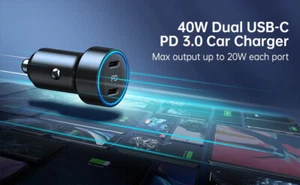 Dual Type C Fast 40W Car Charger Adapter PD Cable For iPhone 14 13 12 11 PB10 - Picture 1 of 9