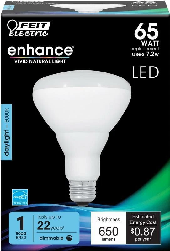 NIB Feit LED Dimmable BR30 Flood Daylight Bulbs 65 Watts, Uses 7.2 Watts, 1 Bulb - Image 1 of 1