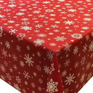 PVC TABLE CLOTH SNOWFLAKE RED OFF WHITE PRINT TEXTURED XMAS WIPE ABLE COVER - Picture 1 of 1