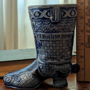 Antique German Westerwald Salt Glazed Stoneware Boot Vase Blue Tan Vtg Pottery - Picture 1 of 24