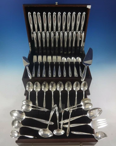 Silver Sculpture by R&B Sterling Silver Flatware Set 12 Service 84 Pcs Modern Cover