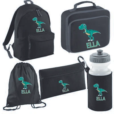 Personalisierter Back to School Dinosaurier Kinder Rucksack & Brotdose individueller Name Set