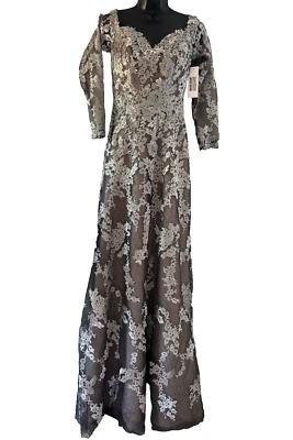 Nuevo con etiquetas Vestido Largo Formal Colección René Ruiz Para Mujer Talla 2 Peltre Encaje Forrado Foto 1 de 4