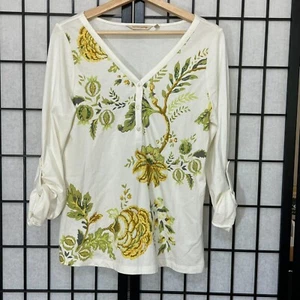 Bluse mit weicher Umrandung weiß Langarm grün Blumen Pailletten Perlen - Bild 1 von 10