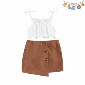 Kids Toddler Girls Knit Crop Top Ruffle Tank Blouse Button Down Mini Skirt Set - Picture 1 of 11