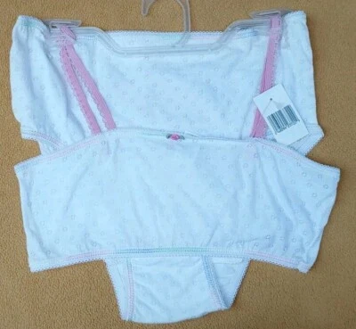 Vintage Girls 2 Piece Set Crop Top Bra & Panty Set Pointelle Cotton L - Image 1 of 4
