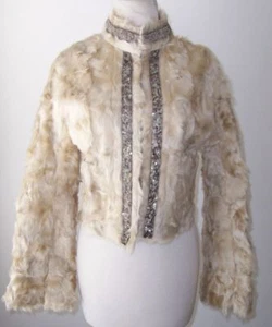 SHARE SPIRIT Tan Wavy Sheep Fur Sequin Embellished Jacket Coat 40 4 6 - Picture 1 of 3