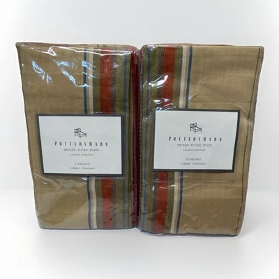 NEW POTTERY BARN Serape Stripe Linen Cotton Pillow Shams (2) Southwest Red Gold - Image 1 of 4