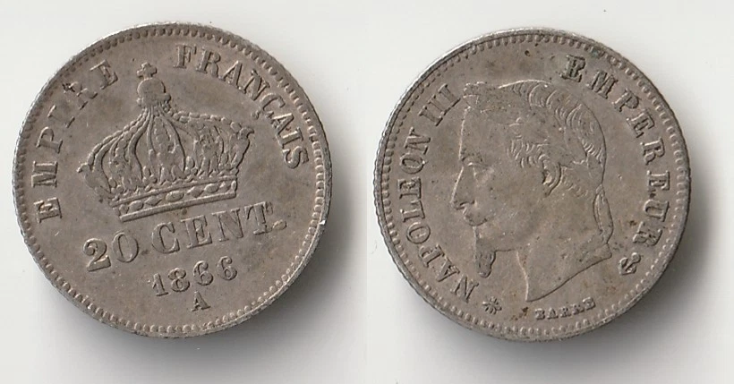 Moneda de 20 céntimos Francia 1866 A Foto 1 de 1