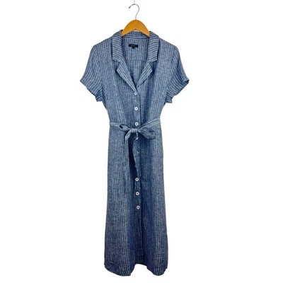 Quince Linen Button Front Midi Dress L Chambray Stripe - Image 1 of 4