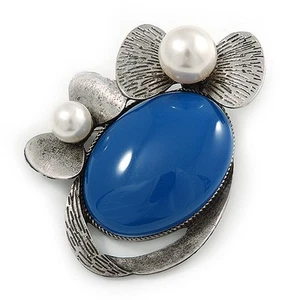 Royal Blue Ceramic Oval Stone with Pearl Flowers Brooch/ Pendant In Pewter Tone - Picture 1 of 6