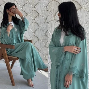 Dubai Damen Spitze offen langes Kleid bescheiden Kimono Abaya muslimisches Gewand Ramadan Kleid - Bild 1 von 16