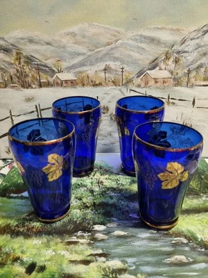 VTG Bohemia Crystal set of four cobalt blue glasses with gold embellishments - image 1 of 4