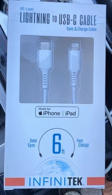 InfiniTek Lightening To USB-C Sync & Charge Cable iPhone In White 6 Feet NIB - Image 1 of 2