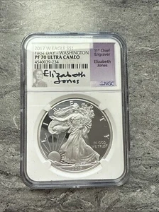 2017 W PROOF SILVER EAGLE NGC PF70 ELIZABETH JONES FIRST DAY ISSUE Washington - Picture 1 of 2