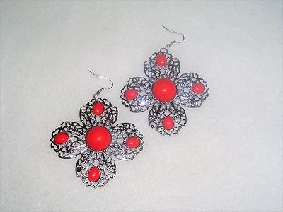 Par de pendientes grandes y audaces flores rojas colgantes exóticos joyería moda Foto 1 de 2