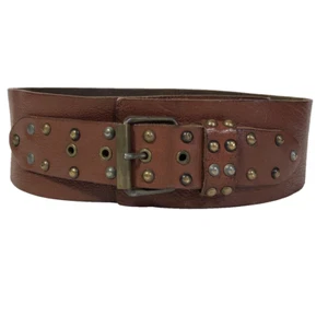 Studded Brown Leather Wide Women's Belt Linea Pelle Brass Silver 28"-33" - Picture 1 of 12